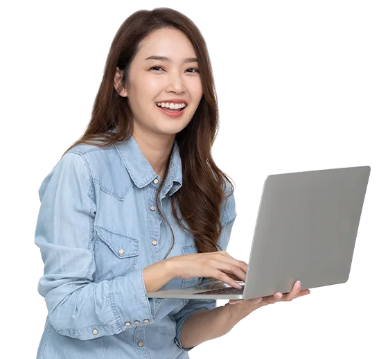 female worker holding laptop new