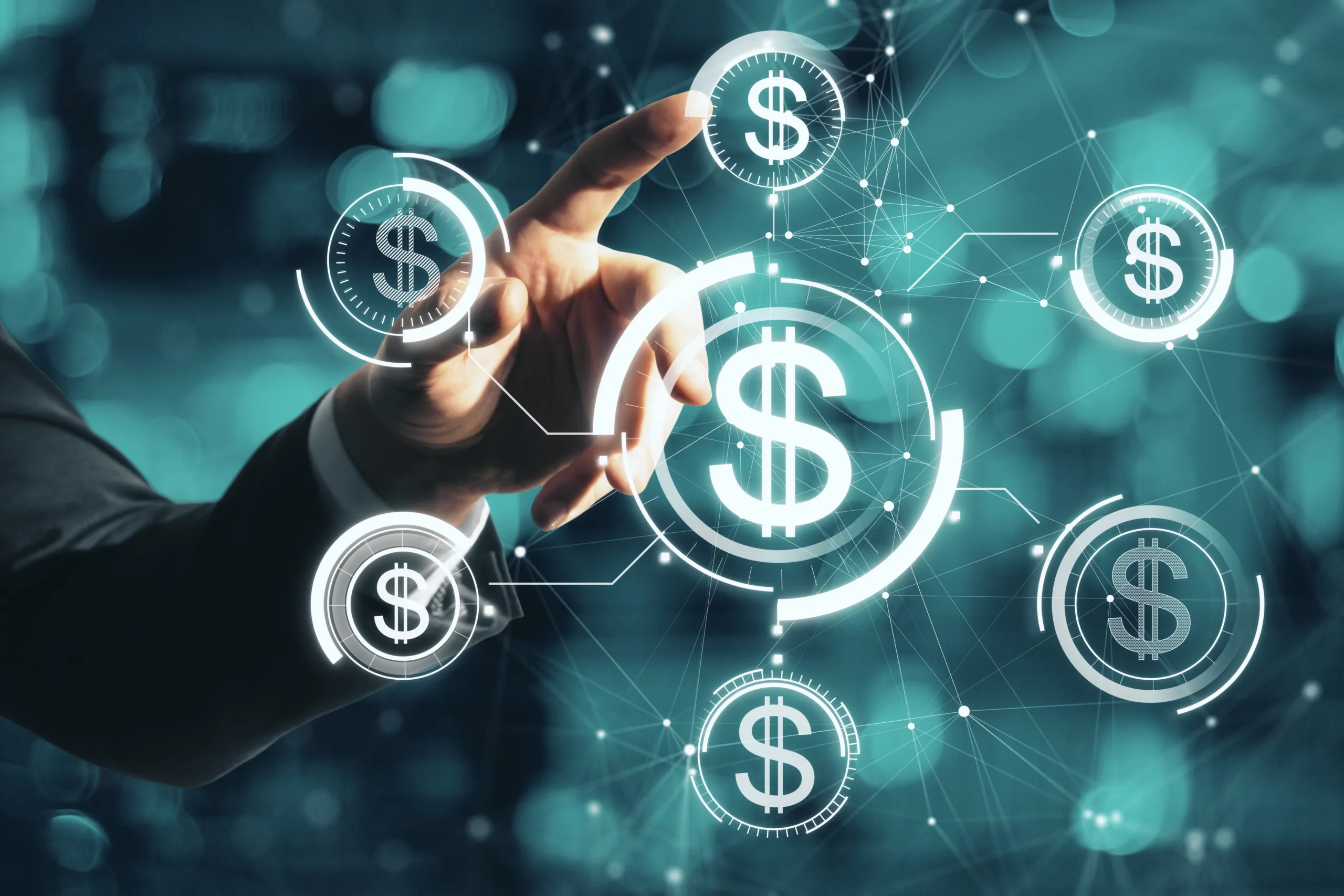 hand pointing glowing digital american dollar interface hologram