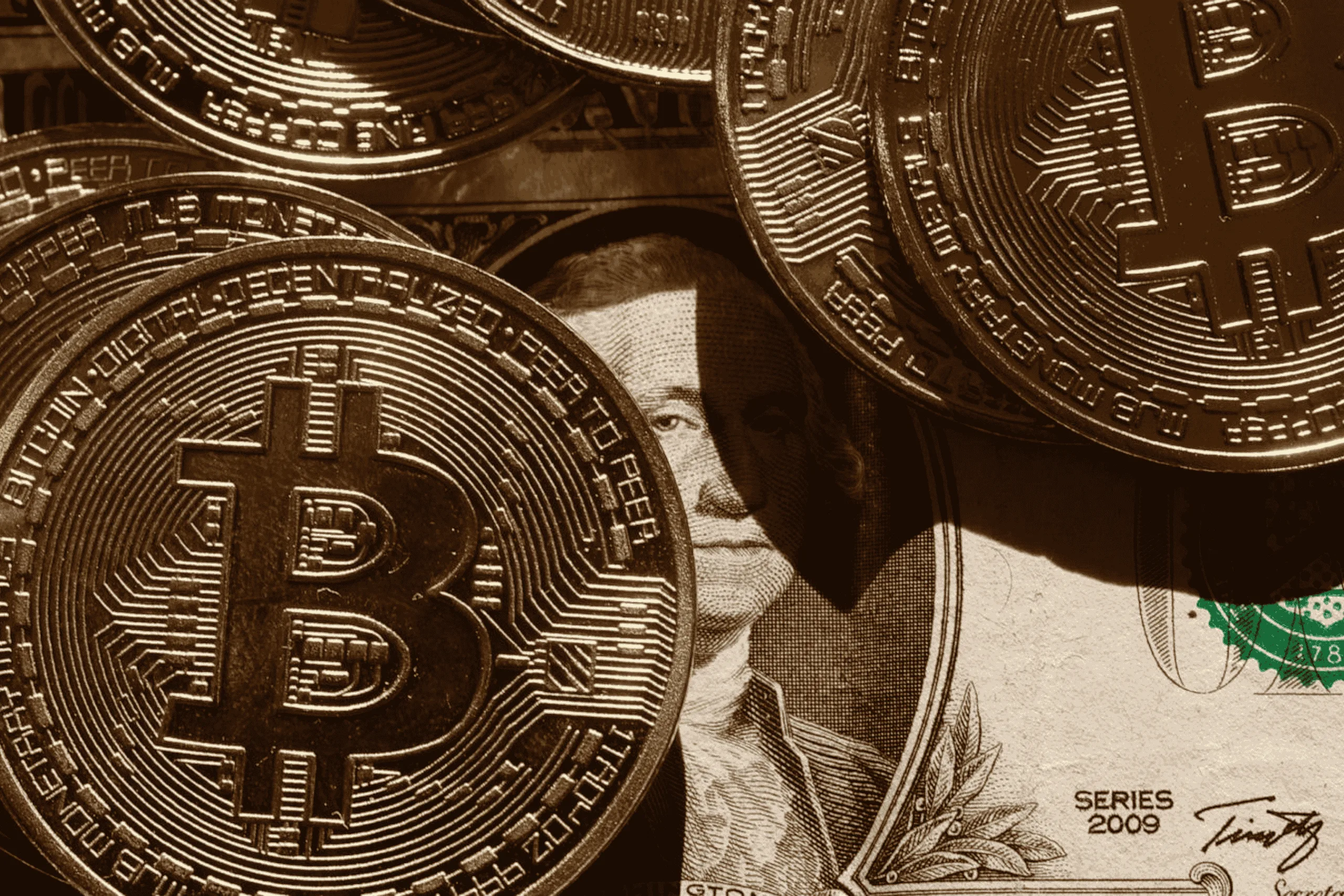 Bitcoin coins overlapping US dollar, symbolizing the shift toward digital finance.