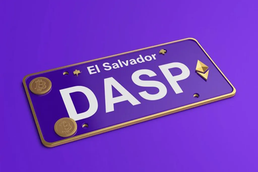 El Salvador DASP license plate featuring Bitcoin and Ethereum logos